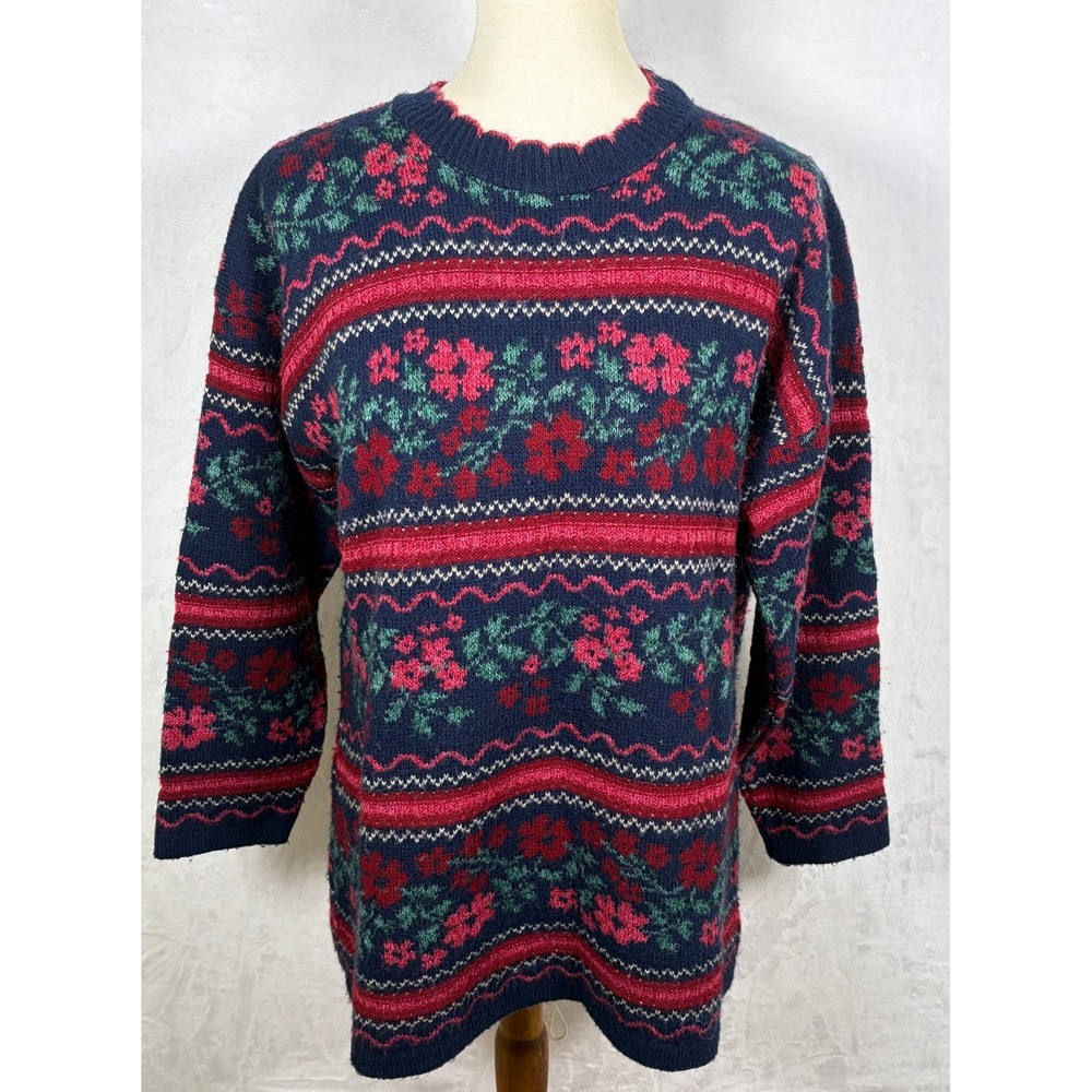 Laura Tyler Vintage Floral Fair Isle Knit Sweater Navy Pink Made in USA Size M